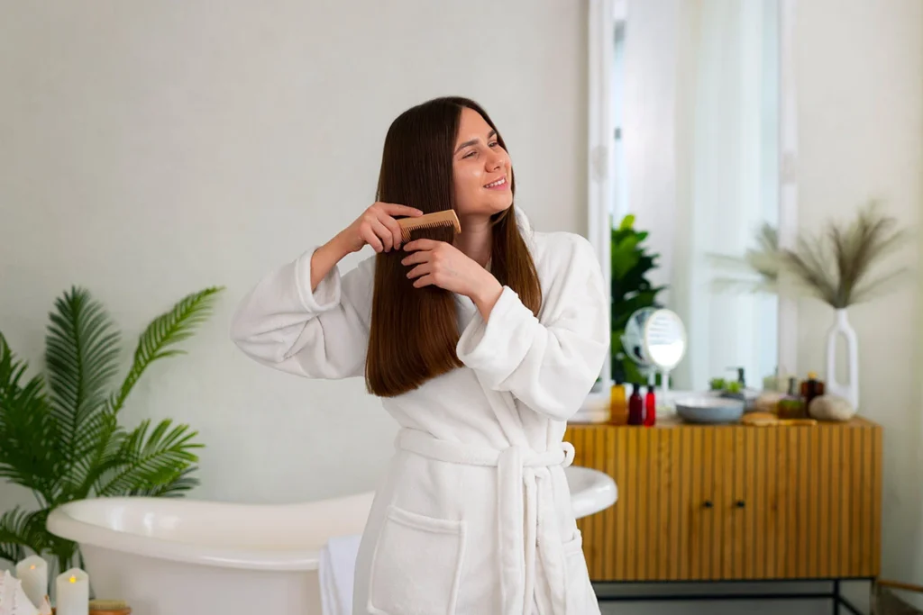 A straight-haired woman combing her hair. She is wearing a bathrobe and is in the bathroom.